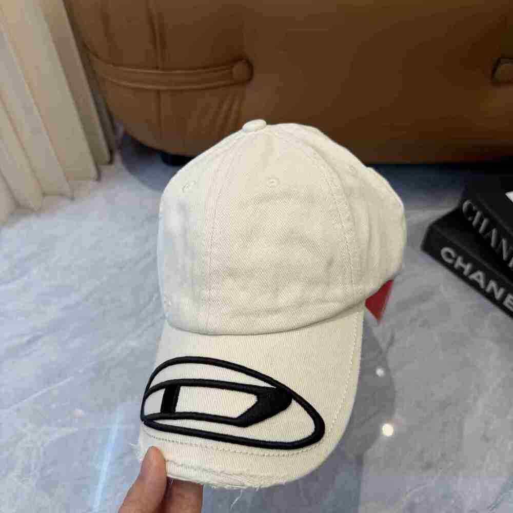 Diesel White Contrast Black Oval D Logo Distressed Baseball Cap
